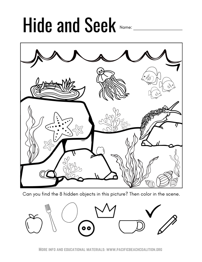 Giant octopus and ocean friends I spy activity for learning multiplication concepts Kindergarten multiplication hide and seek worksheet with ocean octopus and sea creatures hiding objects to find