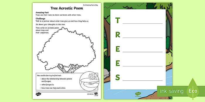 Engaging worksheet guiding kids to create acrostic poems from given words Nature Walk Acrostic Poems worksheet for kindergarten students illustrating poem structure