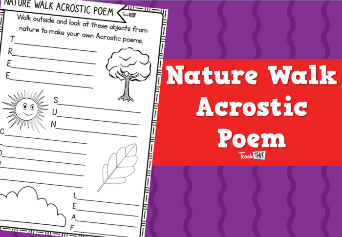 Acrostic poem writing activity for young learners in a fun nature-themed format Nature Walk Acrostic Poems worksheet for kindergarten students showcasing poem structure