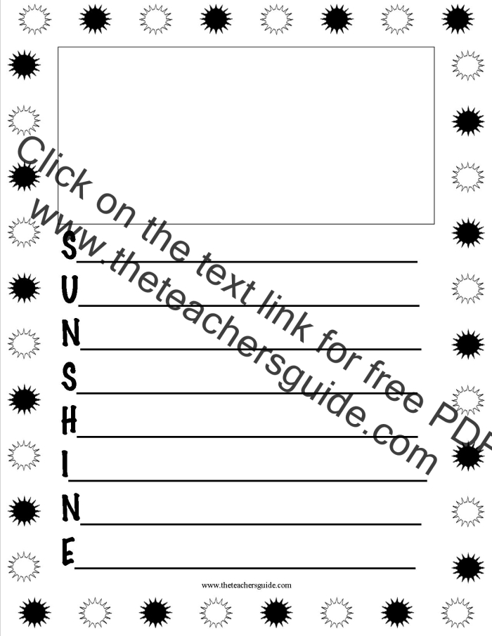 Worksheet guiding kids to create acrostic poems using descriptive words from nature Nature Walk Acrostic Poems worksheet for kindergarten students learning about poetry structure