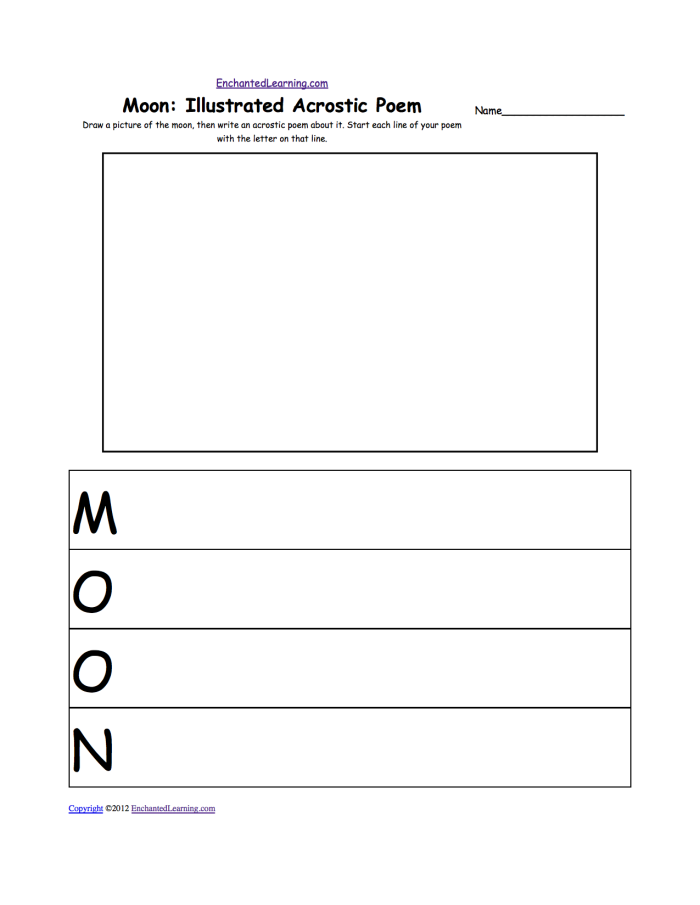 Educational resource for teaching acrostic poetry in early grammar lessons Worksheet featuring Nature Walk Acrostic Poems for kindergarten students