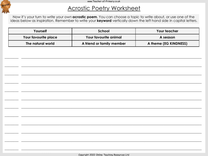 Worksheet illustrating acrostic poem concepts for young learners Nature Walk Acrostic Poems worksheet for kindergarten students practicing poetry writing