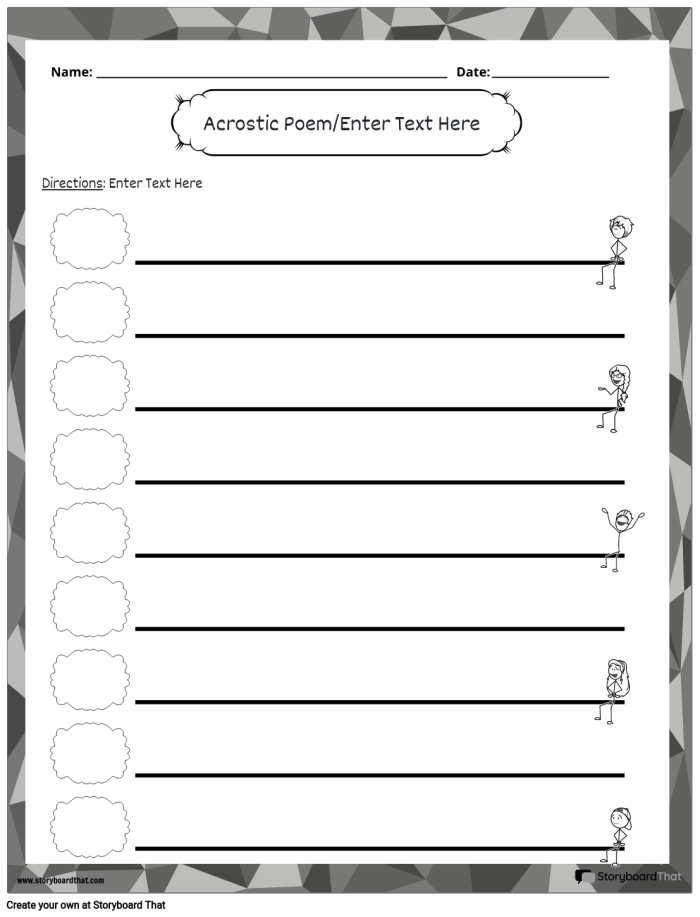 Engaging worksheet for young learners to create descriptive acrostic poems about nature Nature Walk Acrostic Poems worksheet for Kindergarten students illustrating acrostic poetry concepts