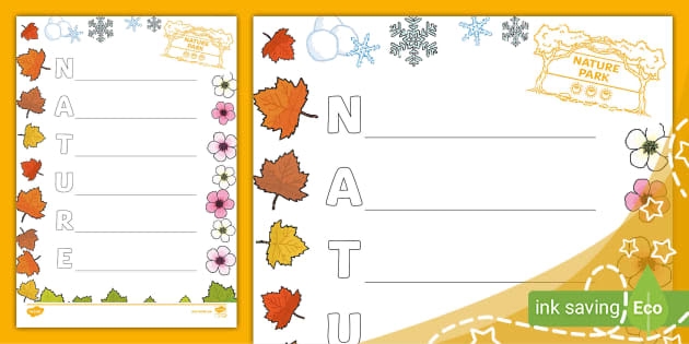 Engaging worksheet to help kids learn about and write acrostic poems about nature Nature Walk Acrostic Poems worksheet for kindergarten students illustrating acrostic poetry concepts