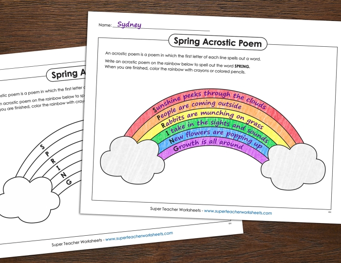 Engaging worksheet for teaching acrostic poetry in a fun and creative way Nature Walk Acrostic Poems worksheet for kindergarten students showcasing poem structure and prompts
