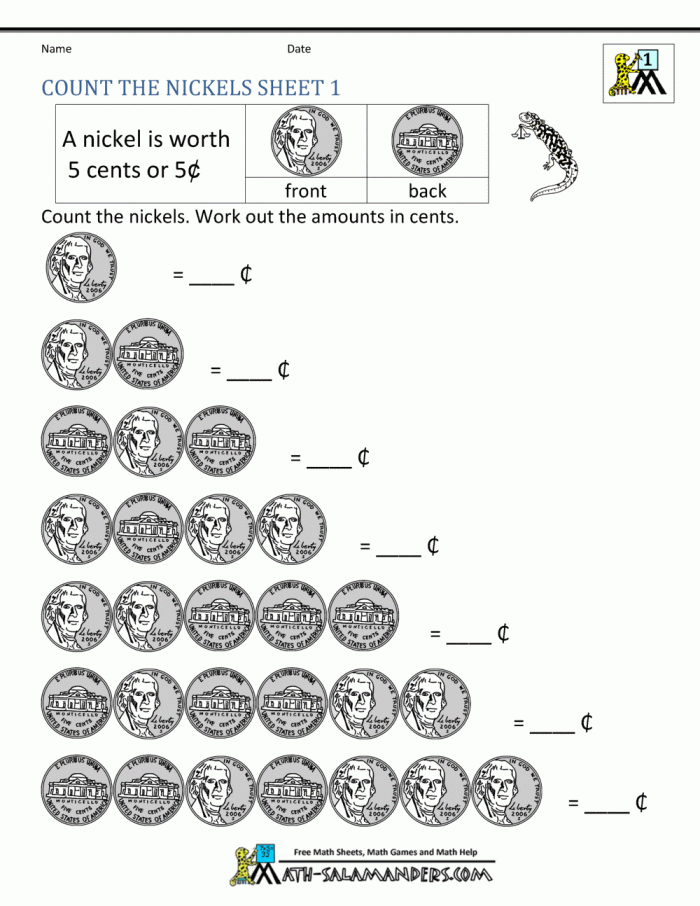 Kindergarten worksheet featuring illustrations and math problems to help children identify the five cent nickel
