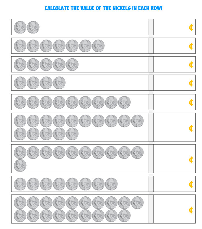 Worksheet featuring the nickel coin for kindergarten students learning about money