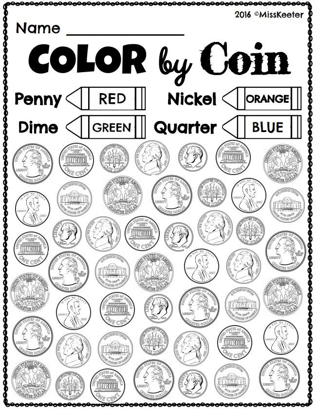 Kindergarten worksheet featuring a practice activity for identifying and learning the value of the five cent nickel