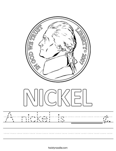 Worksheet for teaching Kindergarten students about the nickel and its value of five cents