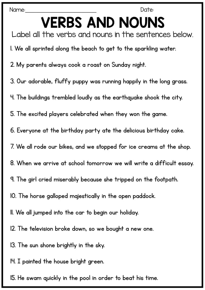 Kindergarten worksheet showing simple fill in the blank sentences to help children practice identifying nouns and verbs