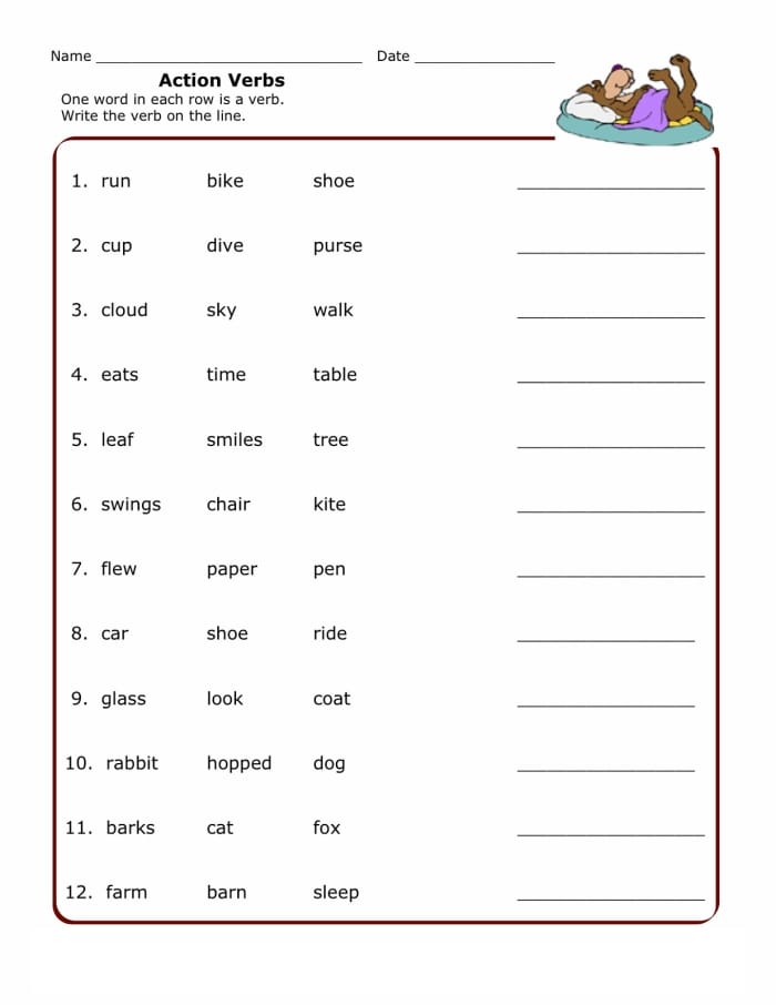 Kindergarten worksheet featuring fill-in-the-blank sentences to practice identifying nouns and verbs