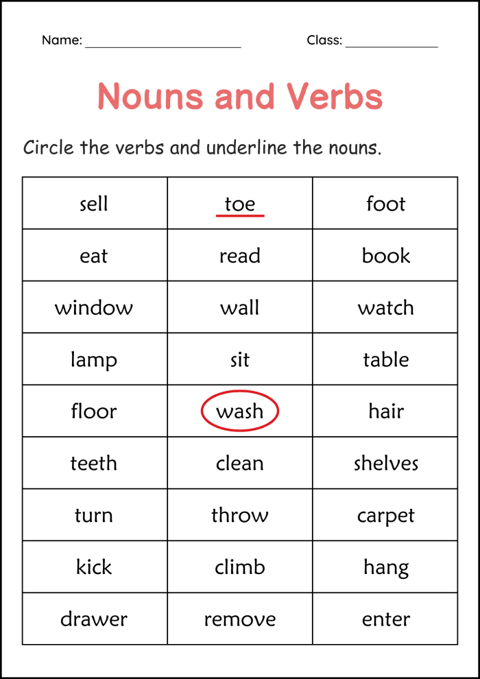Kindergarten worksheet for identifying nouns and verbs in sentences