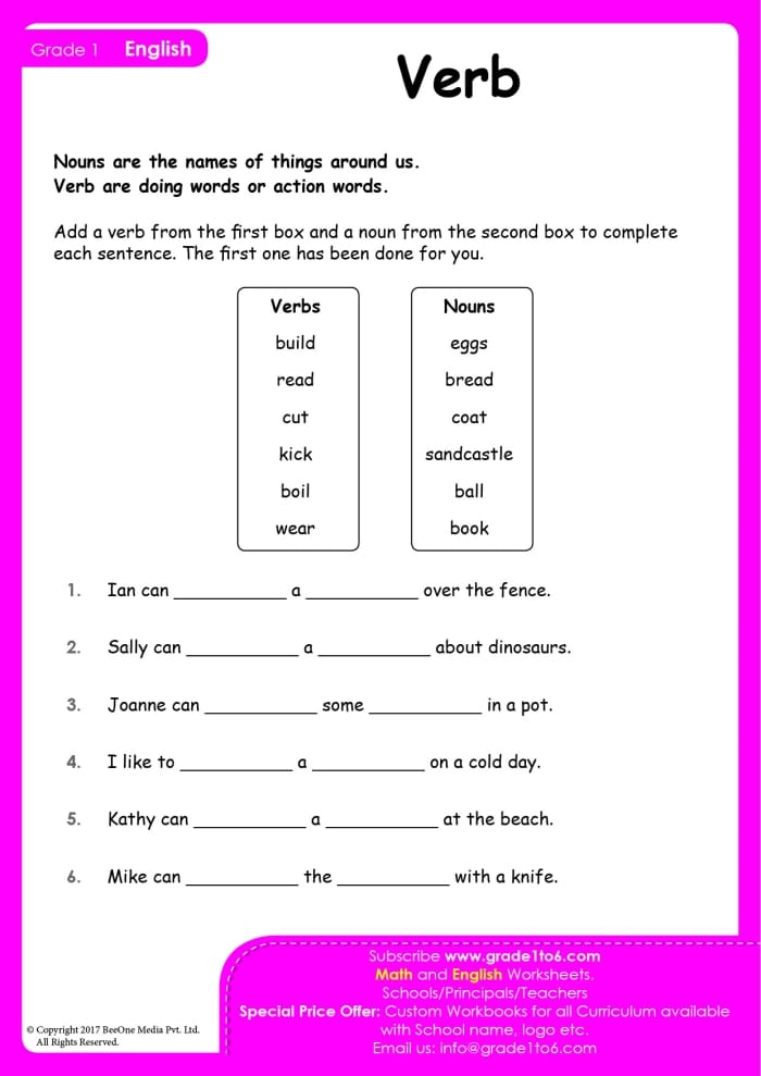 Beginning Grammar worksheet focusing on nouns and verbs for kindergarten students