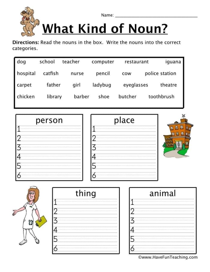 Kindergarten worksheet for identifying and practicing nouns and verbs in simple sentences