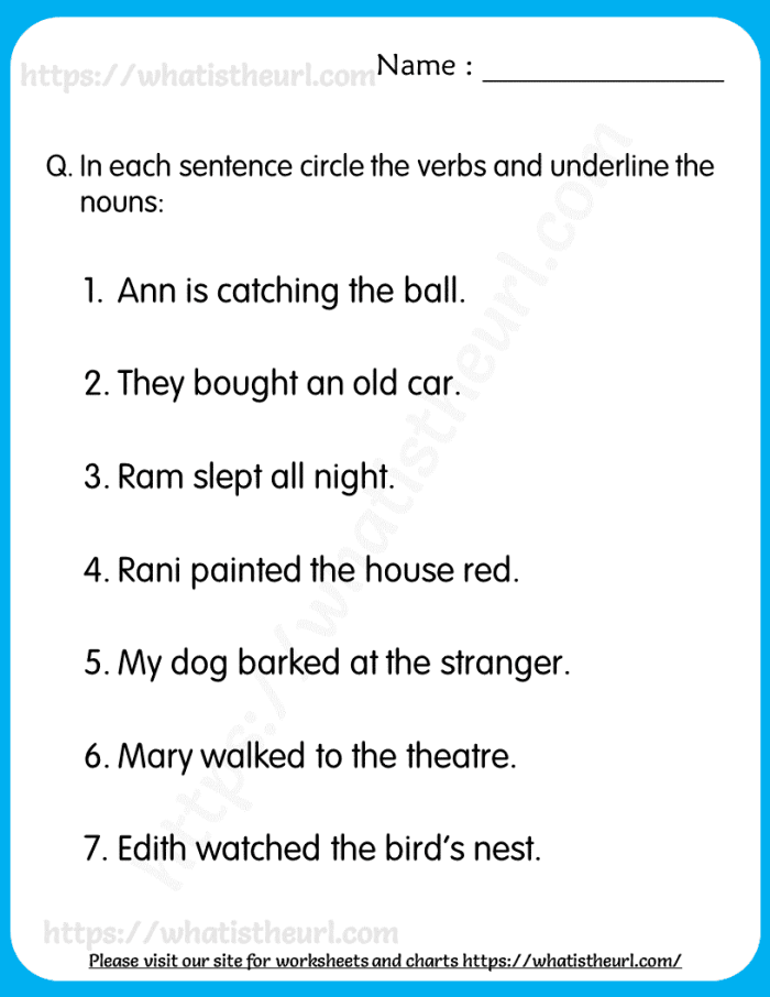 Kindergarten worksheet for students to practice identifying and writing nouns and verbs in sentences