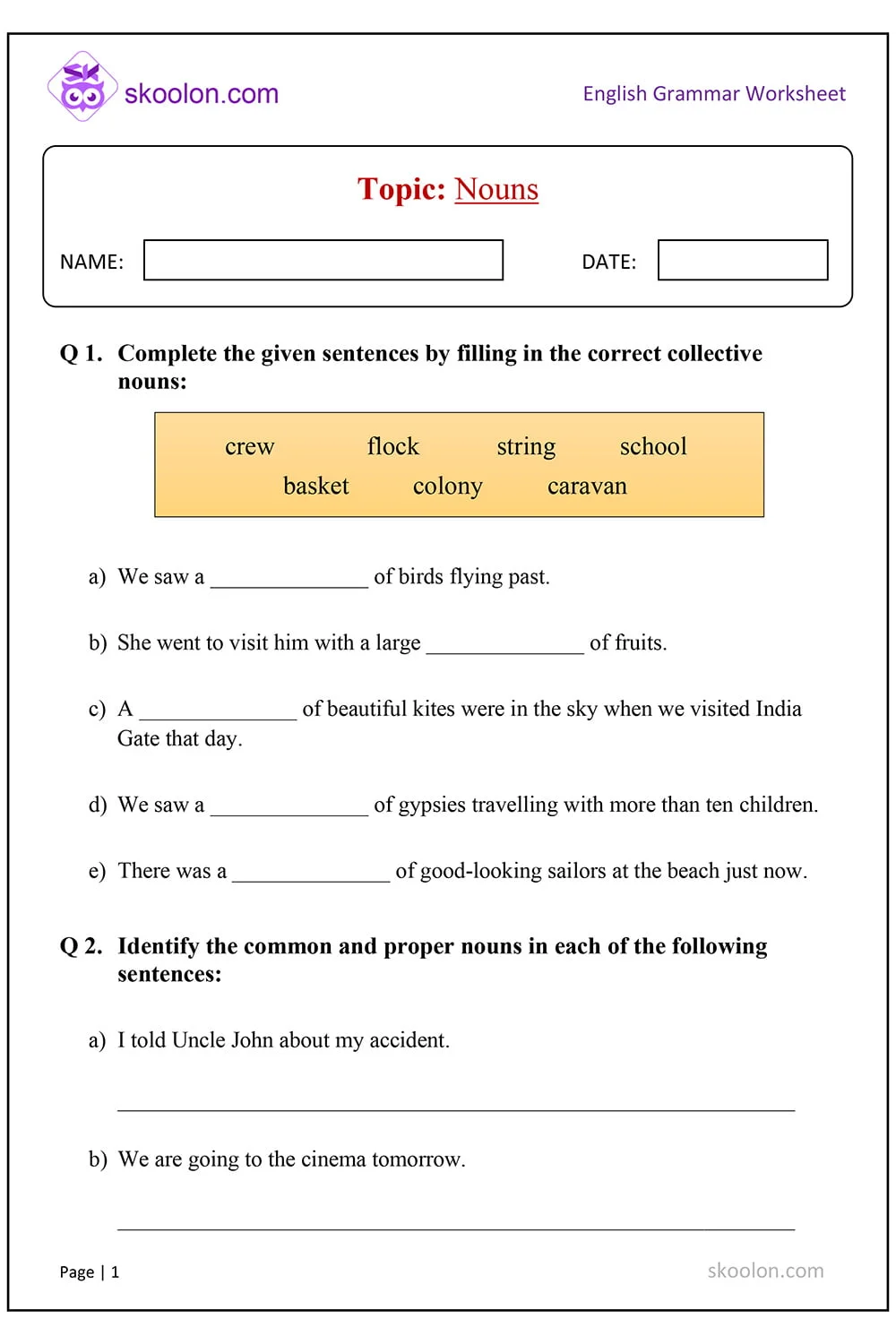 Kindergarten worksheet for students to practice identifying and writing nouns and verbs in sentences