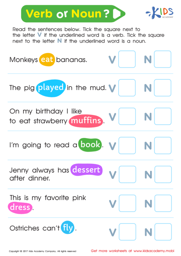 Kindergarten worksheet for students to identify and practice nouns and verbs by completing sentences