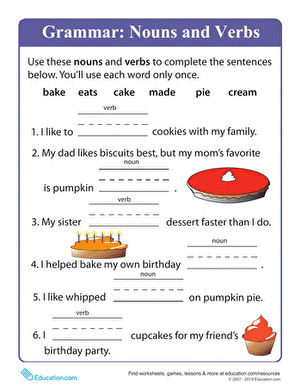 Beginning Grammar worksheet featuring nouns and verbs for Kindergarten students