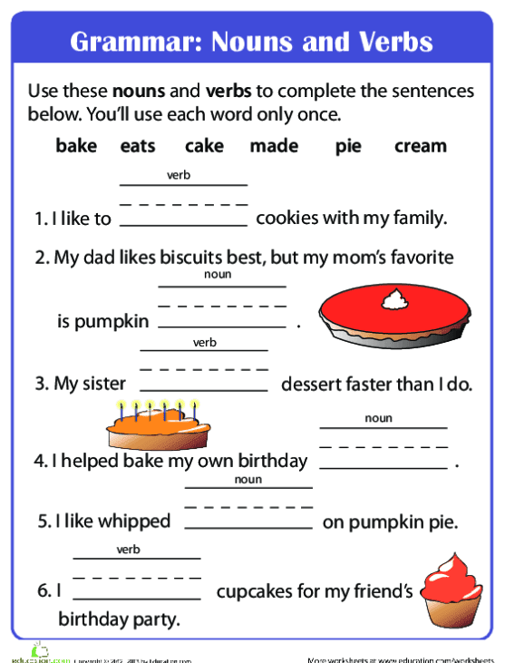 Kindergarten worksheet identifying nouns and verbs by completing sentences