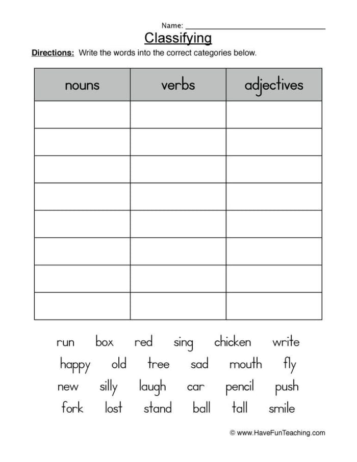 Kindergarten worksheet featuring sentences to help students distinguish between nouns and verbs number 20