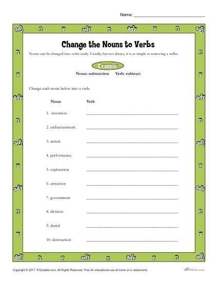Beginning Grammar worksheet focusing on identifying nouns and verbs for kindergarten students
