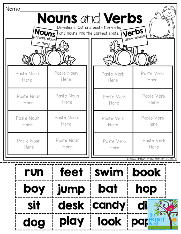 Worksheet for teaching nouns and verbs to kindergarten students