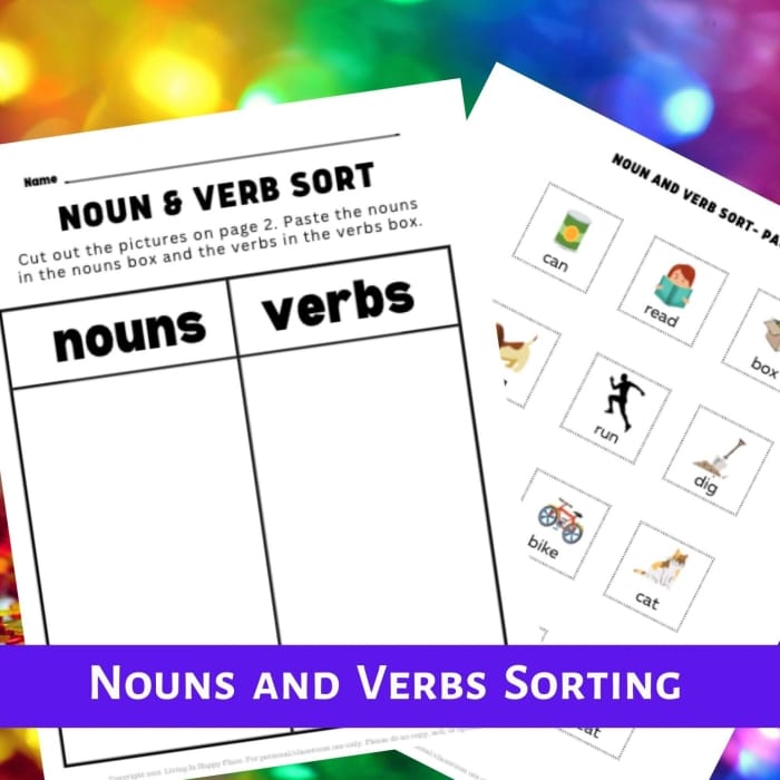 Beginning Grammar worksheet focusing on nouns and verbs for kindergarten students
