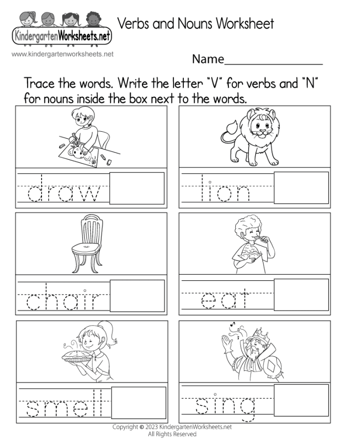 Kindergarten worksheet featuring sentences to help students identify and practice nouns and verbs