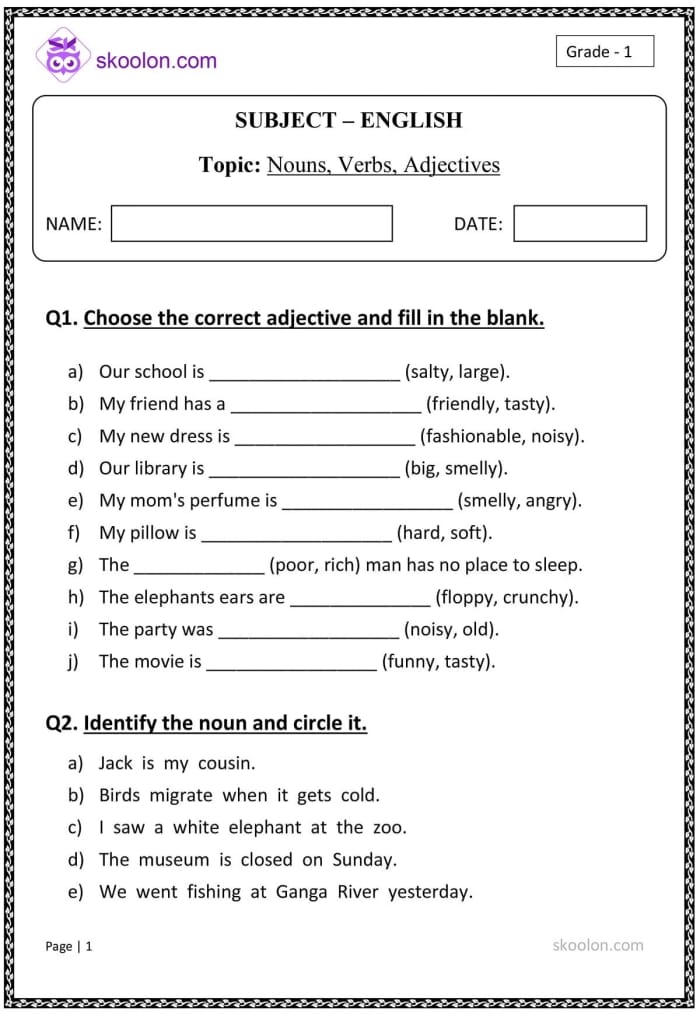 Kindergarten worksheet for students to identify and practice nouns and verbs in sentences
