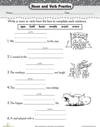 Kindergarten worksheet for identifying nouns and verbs in sentences