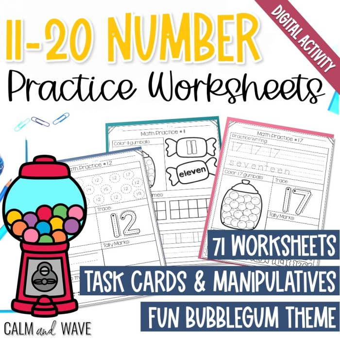 Number Practice 11-20 Worksheet for Kindergarten Lesson 21 Kindergarten worksheet with colorful graphics for practicing writing and counting numbers 11 through 20