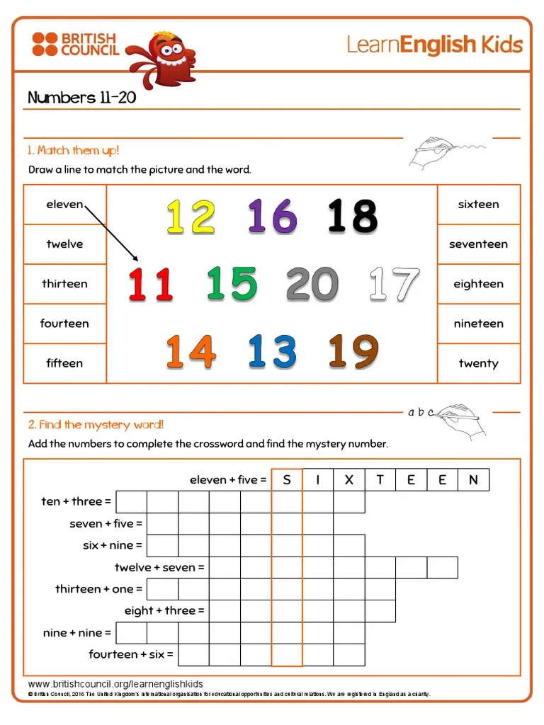 Number Practice 11-20 Kindergarten Learning Worksheet Kindergarten worksheet for practicing writing and identifying numbers 11 through 20 with colorful illustrations