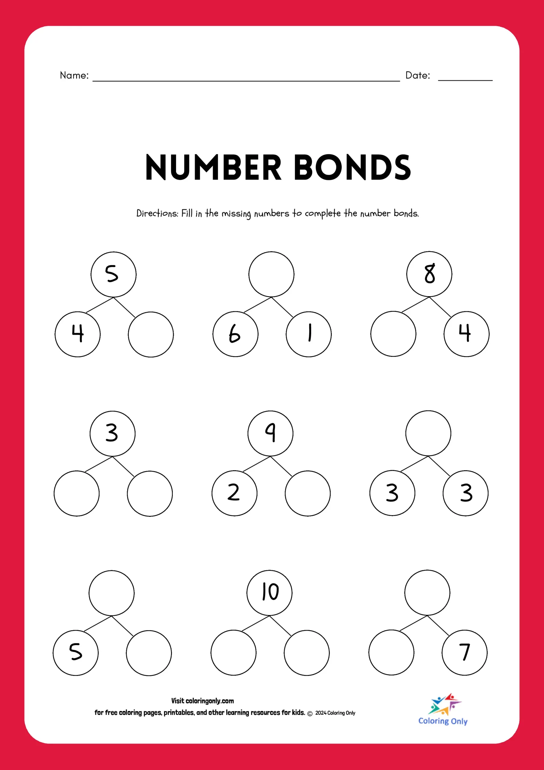 Kindergarten student worksheet for practicing addition within 10 using number bonds labeled as number 18