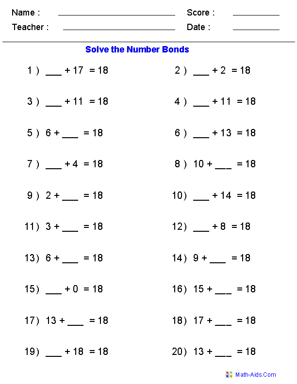 Worksheet image showing students practicing addition with number bonds up to 10