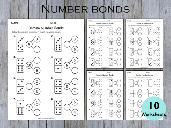 Kindergarten worksheet showing missing number bonds for students to practice addition within 10