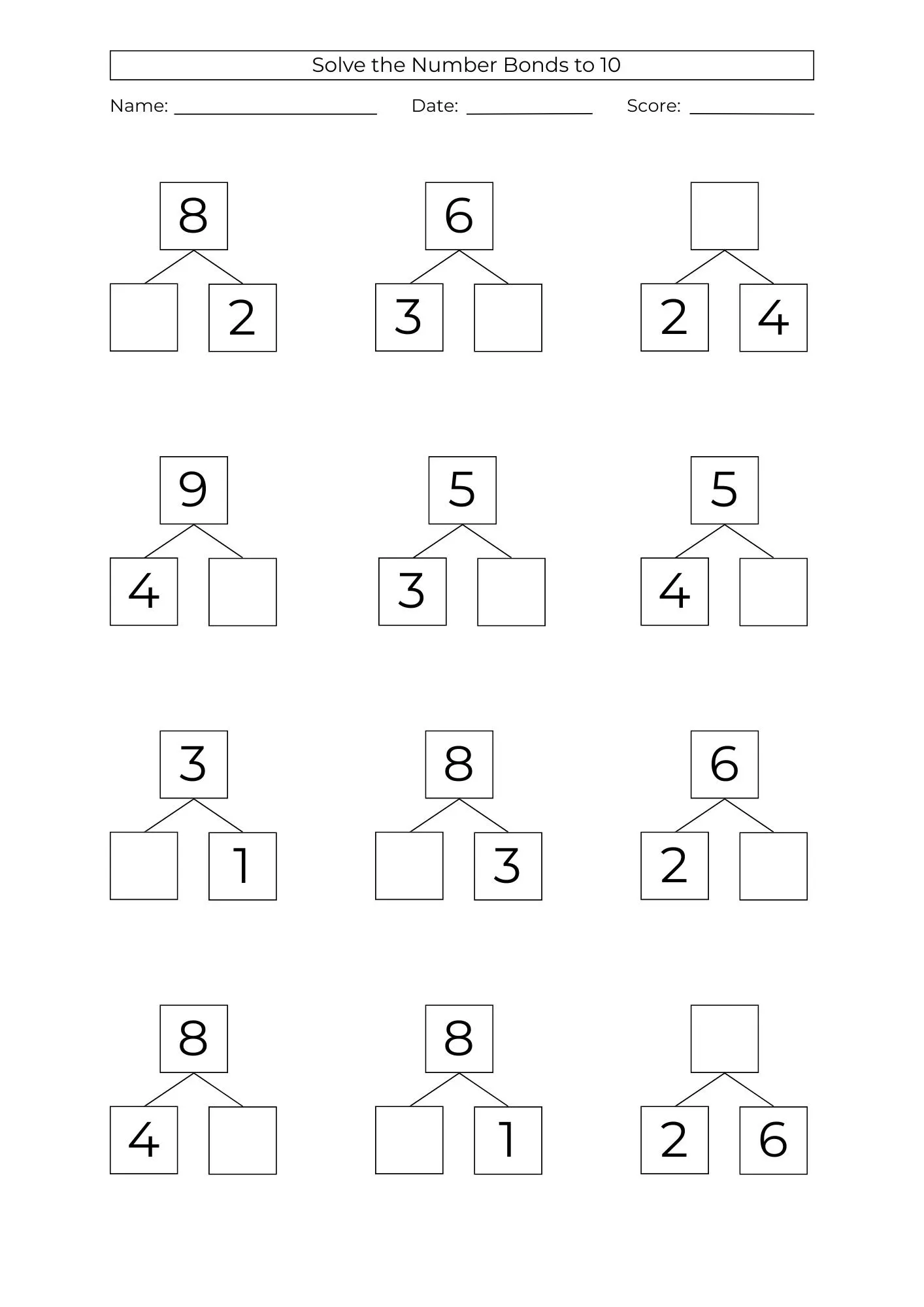 Kindergarten students practice addition by filling in missing values on number bond diagrams