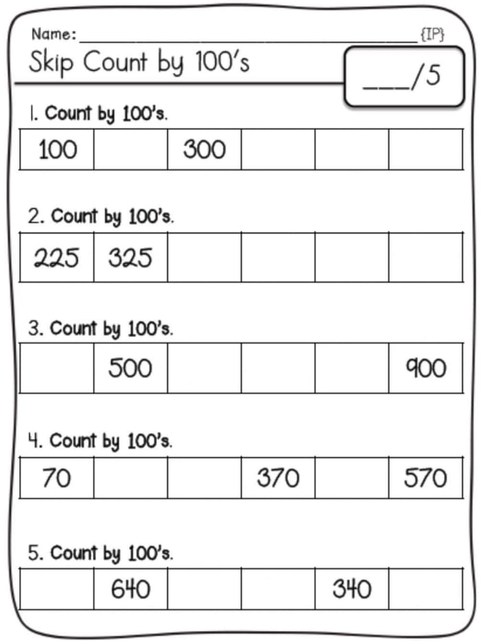 Kindergarten student filling in missing numbers on a 1-100 chart worksheet