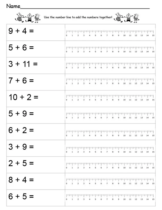 Kindergarten worksheet for practicing addition using a number line