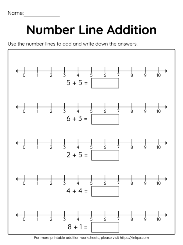 Kindergarten student practicing addition problems on a number line worksheet