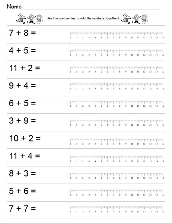Kindergarten student using a number line to solve addition equations on a worksheet