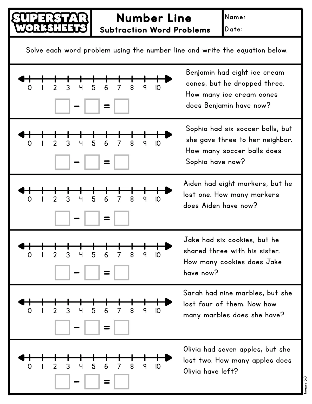 Kindergarten student using a number line to practice subtracting one