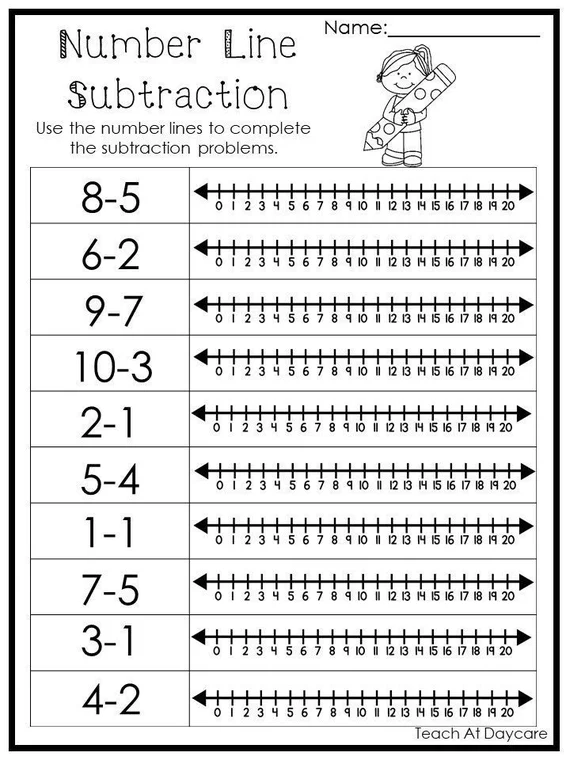 Number line subtraction worksheet designed for kindergarten students to practice basic subtraction skills. Engaging activity to enhance counting and subtraction understanding for young learners.