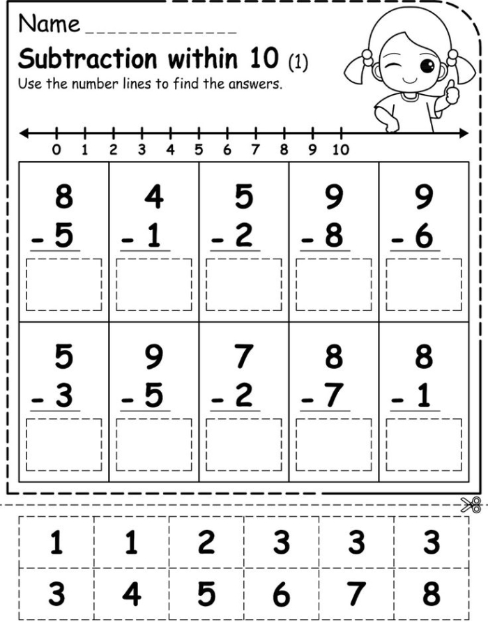 A kindergarten student using a number line to solve subtraction problems by hopping backwards from one number to another
