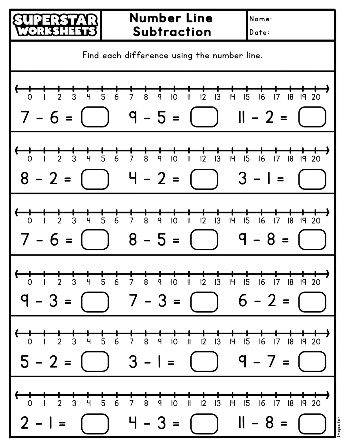 Kindergarten worksheet featuring number line subtraction practice for learning to subtract one