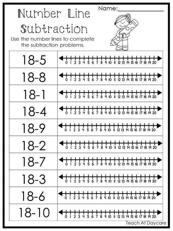 Kindergarten number line subtraction worksheet featuring basic one-step problems for young students