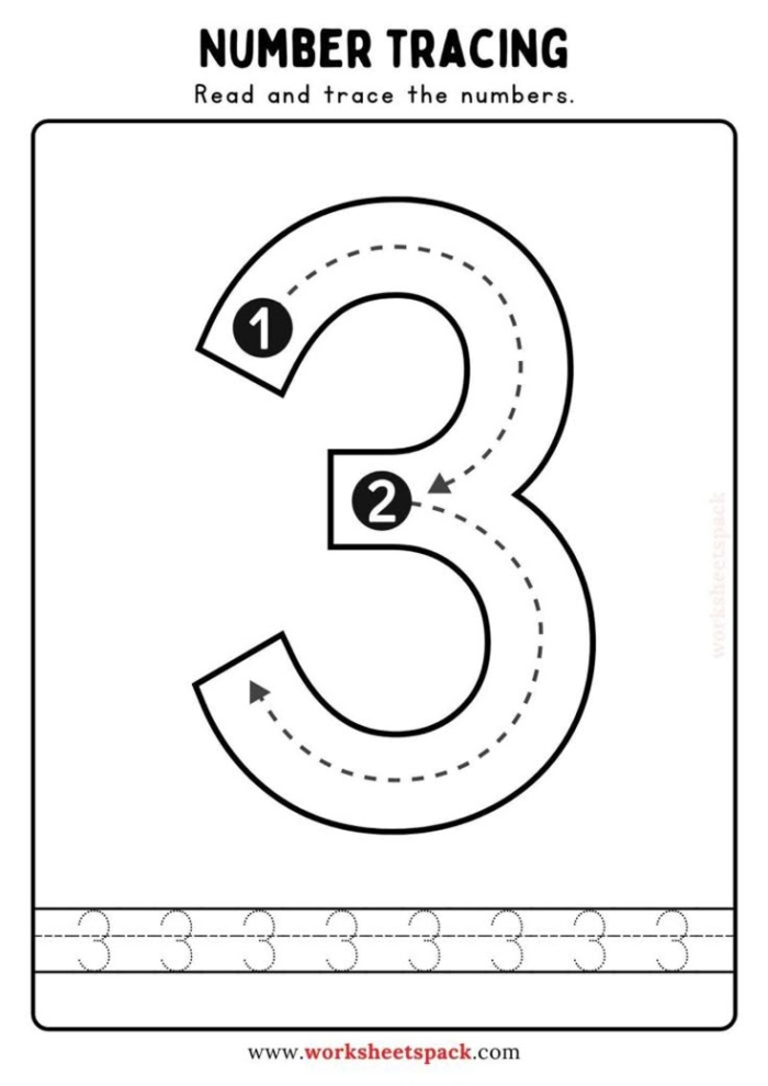 Kindergarten worksheet for tracing the number 1 and counting rabbit illustrations for math practice