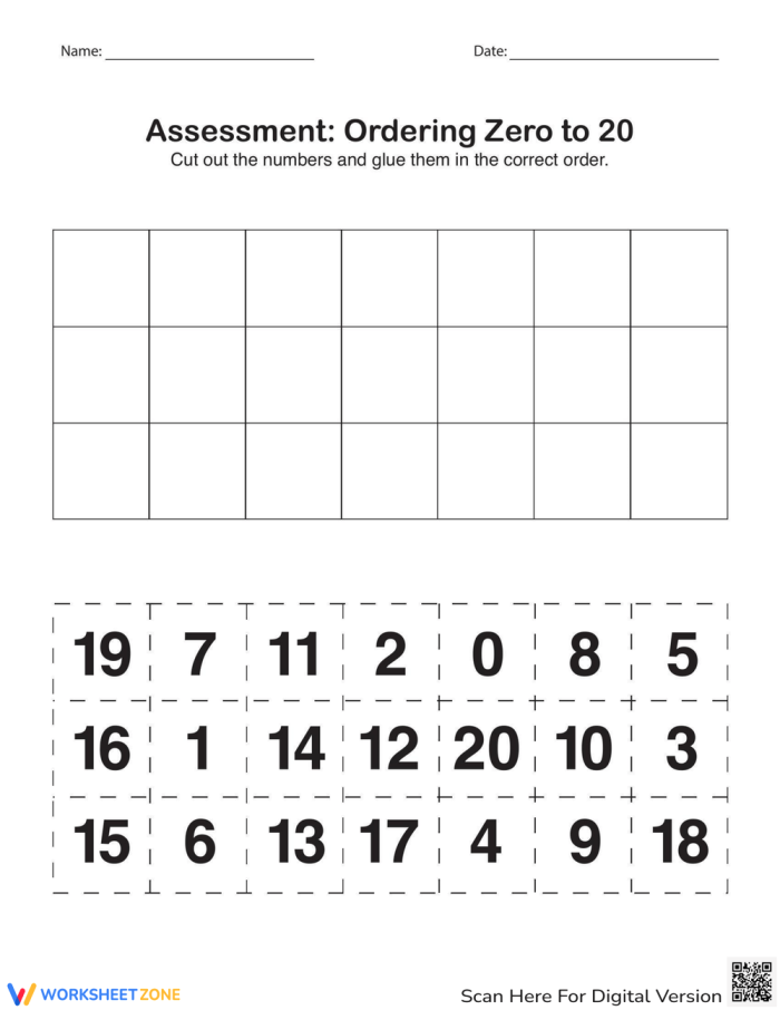 Visual guide for evaluating number ordering skills in young learners Assessment worksheet for ordering numbers from 0 to 20 for kindergarten students