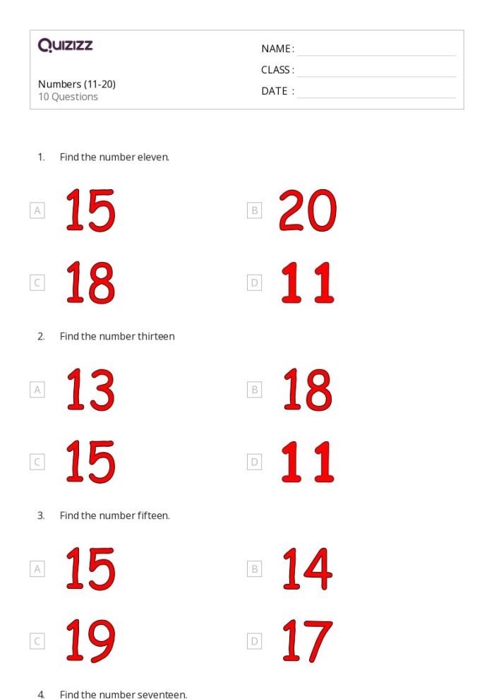 Kindergarten worksheet for counting and coloring numbers eleven through twenty