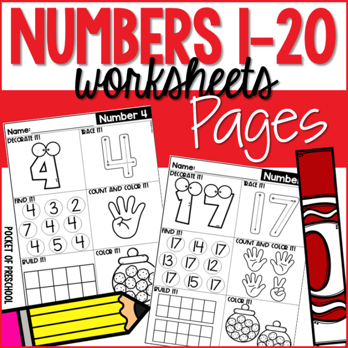 Recognizing Numbers to 20 Kindergarten Math Worksheet Two Kindergarten worksheet for students to practice counting and recognizing numbers up to twenty
