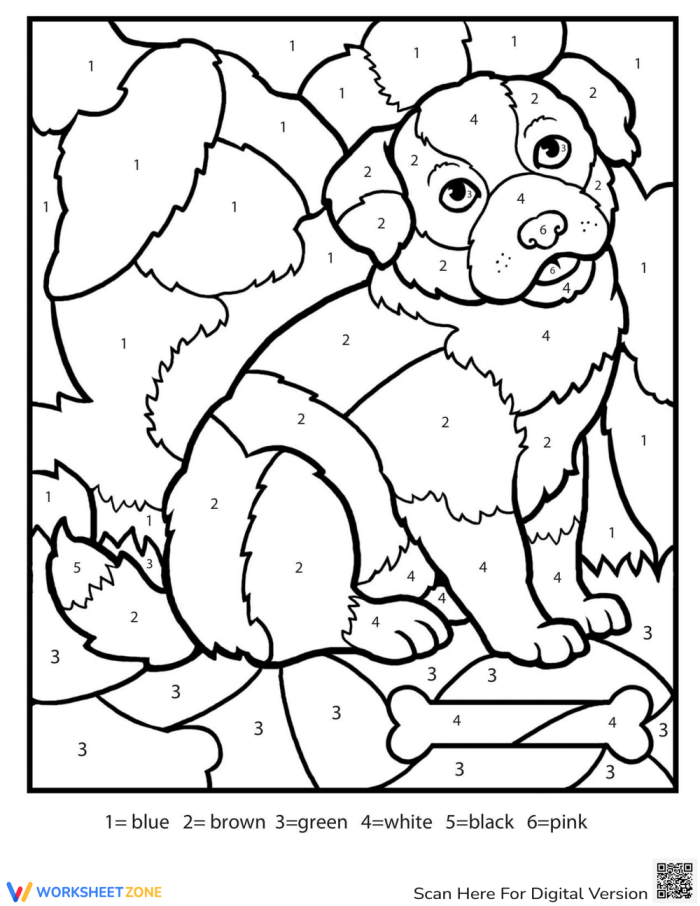 Cute puppy coloring worksheet for kindergarteners focusing on colors and numbers